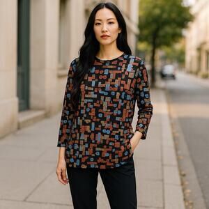 Coldwater Creek Size Large Slinky Travelers Knit Top Boatneck Tiki Asian Shirt